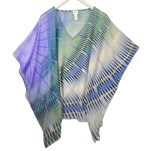 Chico’s Sheer Poncho Top S/M Draped Abstract Wave Print Multicolor Flowy Artsy